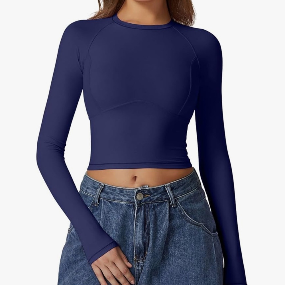 🖤❣️ Amazon Active Cropped Double Lined Long Sleeve Bustier Style Navy Top Large - Picture 3 of 4